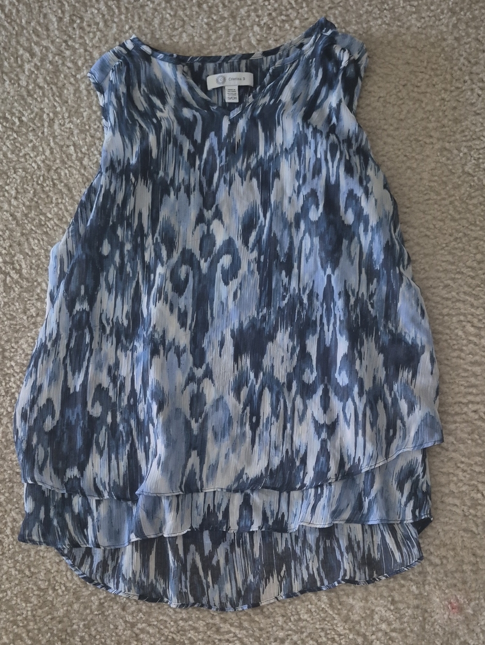 Christina Blue and White Patterned Sleeveless Layered Blouse